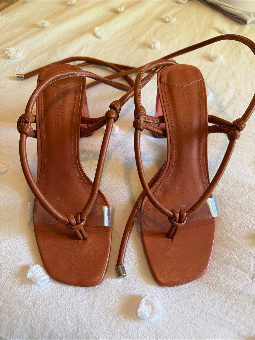 SCHUTZ Tan Leather Lace-Up Square-Toe Heels with Clear Toe Strap